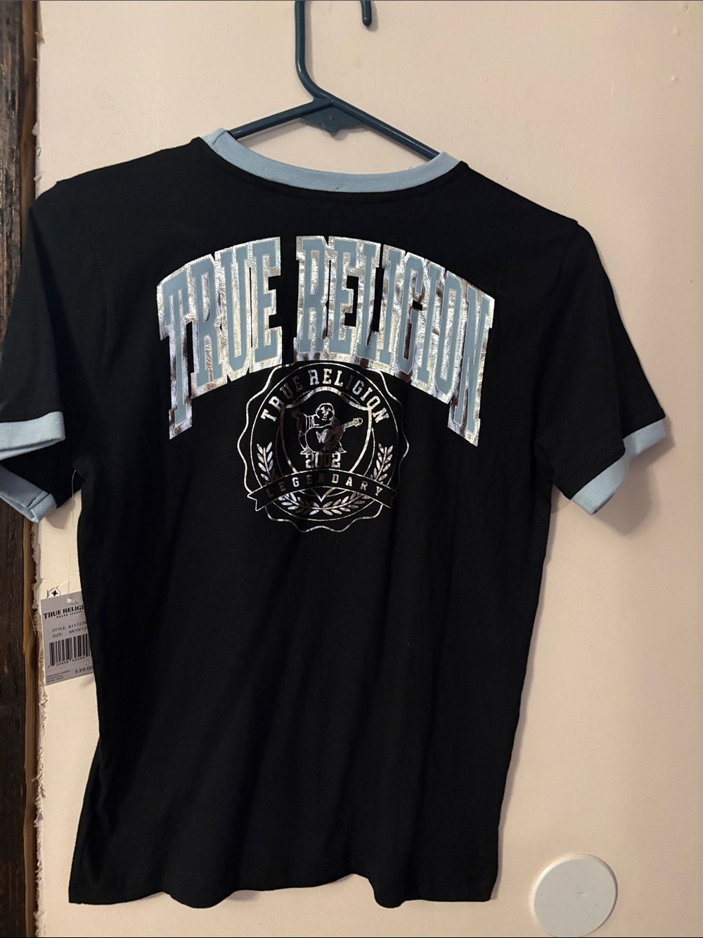 True Religion Black Tee with Light Blue Trim and Logo